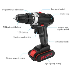 21V Electric Impact Cordless Drill High-power Lithium Battery Wireless Rechargeable Hand Drill Home DIY Electric Power Tools