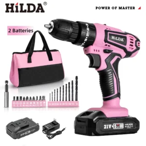 HILDA 21V Pink Drill Kit with Cloth Bag Accessories&Two Batteries A Must Have for DIY Home Decoration