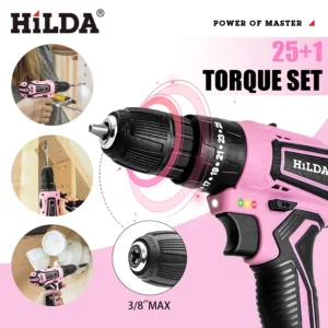 HILDA 21V Pink Drill Kit with Cloth Bag Accessories&Two Batteries A Must Have for DIY Home Decoration