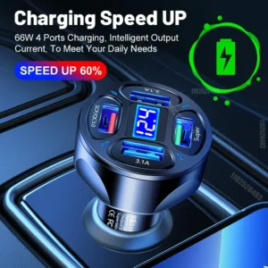 3.1A Output Super High Power Fast Charging 4-Port Car Phone Charger with LED Digital Display -One Drag Four USB Multiple Phones